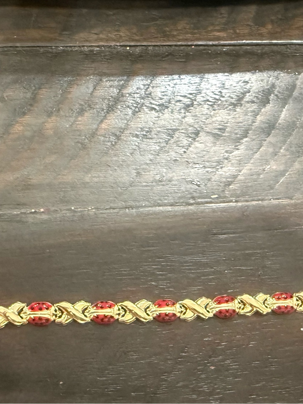 Vintage 10K Gold Red Enamel Ladybug Link Bracelet